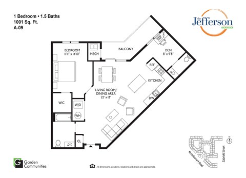 Floor plan for 1 bed, 1.5 baths, 1001 sqft